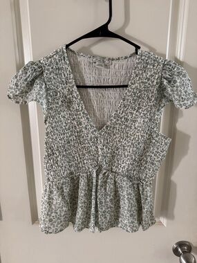 LoveShackFancy White and Green Floral Smocked V-Neck Peplum Top